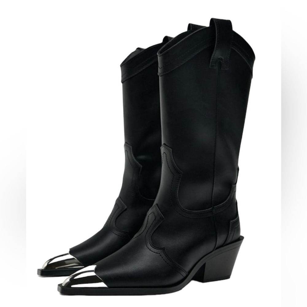 NEW Metal Pointed Toe Black Cowboy Boots w/ Topstitching details Size 9 (40) NWT